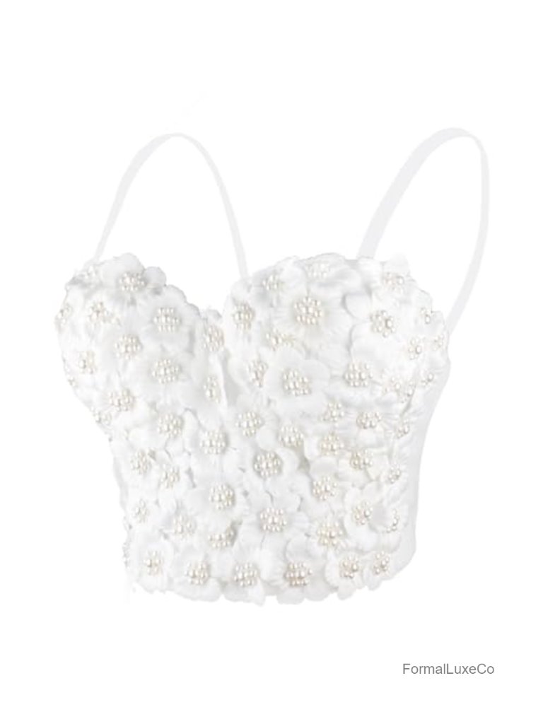 3d Floral Pearl Bustier Crop Top With Underwire & Adjustable Straps